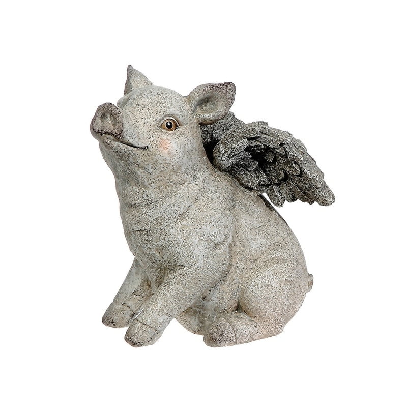 Large Gray Polyresin Sitting Pig with Wings Garden Figurine