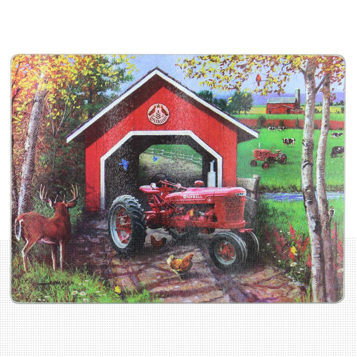 IH Farmall H Tractor with Covered Bridge Glass Cutting Board, 15.5in x 11.75in 42013