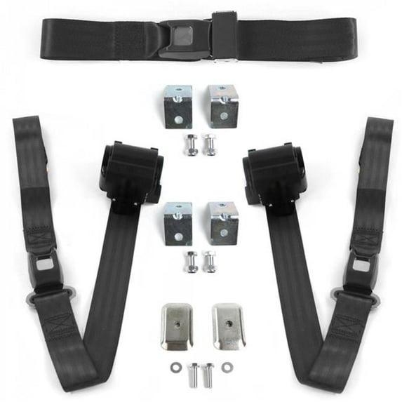 IH Scout 1961-1980 Standard 2 Point Black Retractable Bench Seat Belt Kit with Bracketry - 3 Belts