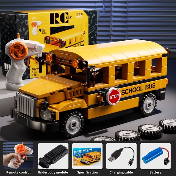 IHAHA School Bus Car Building Block Sets, With remote control, 2.4G RC Car Building Blocks Collectible Contruction Gift for Teens and Adult, Christmas Birthday Gifts for Boys Kids 4 5 6 7 years