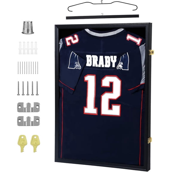 IHEIPYE Jersey Display Frame Case Lockable, Large Sport Jersey Shadow Box with 98% UV Protection Acrylic and Hanger for Baseball Basketball Football Soccer Hockey Shirt and Uniform,Black