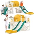 thumbnail image 1 of IHEX 8-in-1 Indoor Slide Toddler Playset for Ages 1-3, Kids Outdoor and Indoor Playground with Basketball Hoop, Climber, Crawling Tunnel, Telescope, and Toy Storage, Orange+Green, 1 of 7