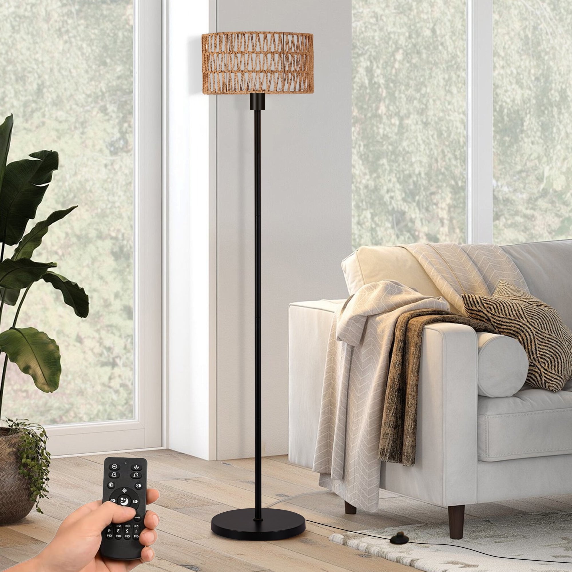 IHHIZLTT Floor Lamp for Living Room with 3 Color Temperatures, Remote \u0026 Dimmable,Woven Rattan Shades