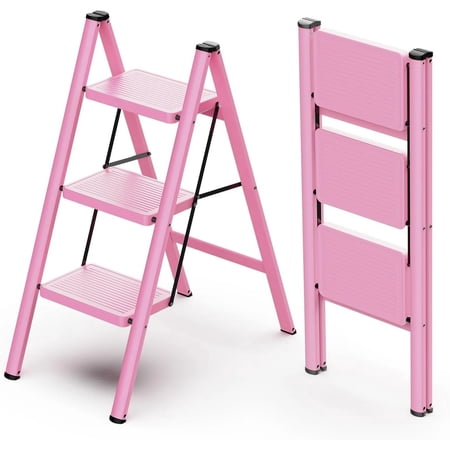IHHIZLTT Step Ladder 3 Step Lightweight Aluminum Folding,330lbs Capacity Home Kitchen,Pink