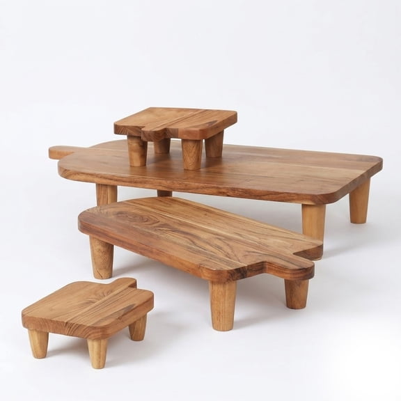 IHI EST. 1986 Acacia Wood Risers Set of 4, Footed Display Stands for Entertaining, Charcuterie Boards, Dessert Tables, Kitchen Counter Styling, Rustic Farmhouse Serving Platforms