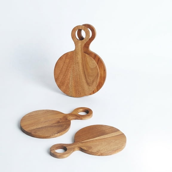 IHI EST. 1986 Acacia Wood Round Serving Boards Set of 4, 7.75 x 5 Inch Mini Charcuterie Boards with Handle, Small Cheese Boards for Appetizers & Desserts
