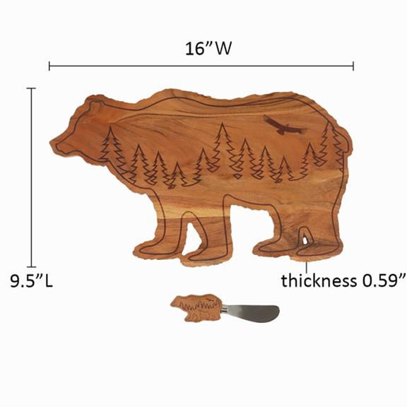 IHI EST. 1986 Bear Shaped Wood Serving Tray with Matching Spreader, 16 x 9.5 Inch Rustic Charcuterie Board, Woodland Appetizer Server for Cabin Dcor and Entertaining