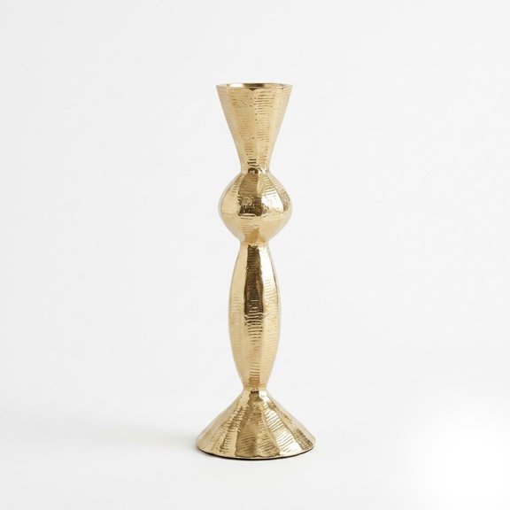 IHI EST. 1986 Gold Candle Stand, 7.25 Inch Aluminum Taper Candle Holder, Sculptural Metallic Candlestick with Textured Finish for Dining Table Mantel and Shelf Dcor