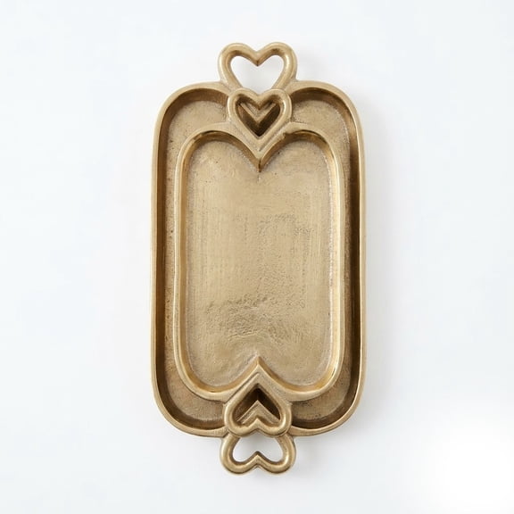 IHI EST. 1986 Gold Metal Heart Accent Serving Tray, 12 x 5.5 Inch Decorative Rectangular Tray with Heart Handles, Elegant Catchall Dish for Vanity, Coffee Table and Home Dcor