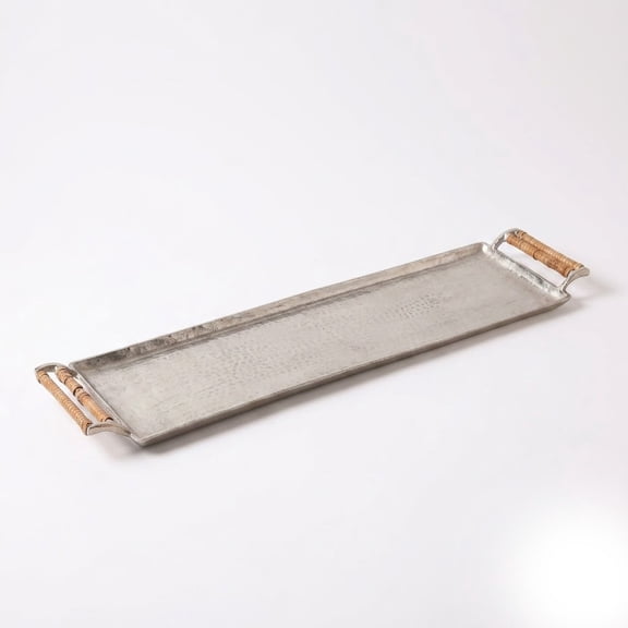 IHI EST. 1986 Hammered Nickel Metal Console Tray with Wrapped Handles, 31 x 7 Inch Long Decorative Serving Tray, Narrow Centerpiece for Dining Table, Console Table and Home Dcor