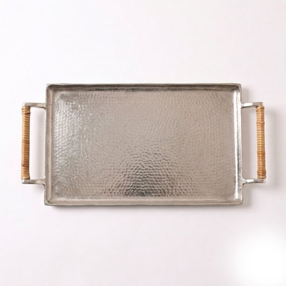 IHI EST. 1986 Hammered Nickel Metal Serving Tray with Wrapped Handles, 21 x 10 Inch Rectangular Decorative Tray, Elegant Centerpiece for Coffee Table and Home Dcor