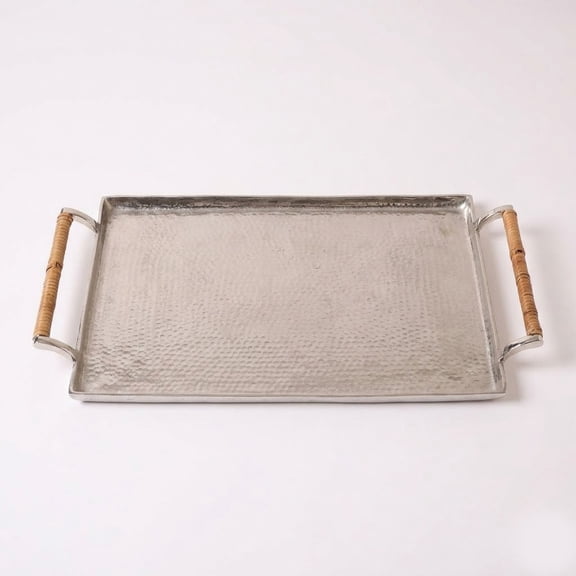 IHI EST. 1986 Hammered Nickel Metal Serving Tray with Wrapped Handles, 23.5 x 13 Inch Rectangular Decorative Tray, Elegant Centerpiece for Coffee Table and Home Dcor