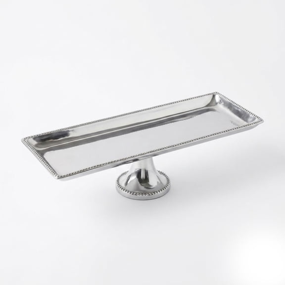 IHI EST. 1986 Silver Beaded Footed Serving Platter, 21 x 7.5 Inch Raised Rectangular Metal Tray, Elegant Dessert Stand for Dining Table, Buffet and Home Dcor