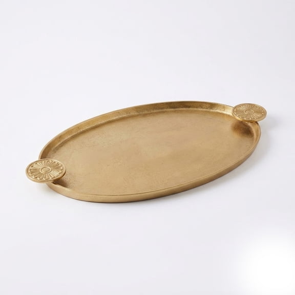 IHI EST. 1986 Textured Gold Aluminum Serving Tray with Disc Handles, 25 x 14 Inch Oval Decorative Tray, Metallic Centerpiece for Coffee and Dining Table, Luxe Home Dcor