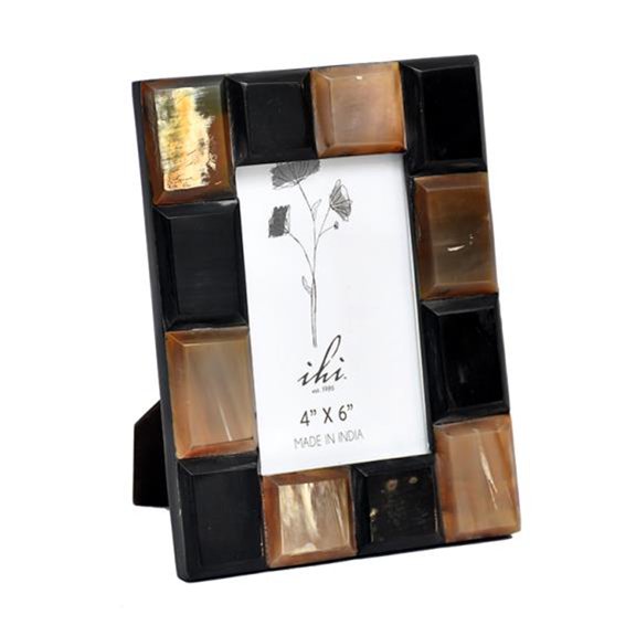 IHI EST. 1986 Two-Tone Horn Inlay Photo Frame, 4 x 6 Inch Picture Frame with Black and Natural Horn Mosaic Design, Decorative Tabletop Frame for Home Office Dcor