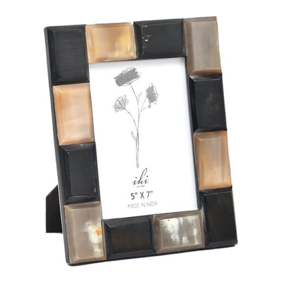 IHI EST. 1986 Two-Tone Horn Inlay Photo Frame, 5 x 7 Inch Picture Frame with Black and Natural Horn Mosaic Design, Decorative Tabletop Frame for Home Office Dcor