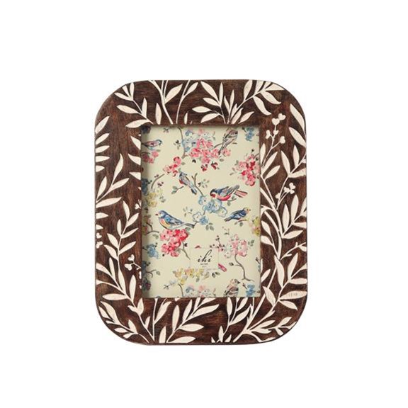 IHI EST. 1986 Walnut and White Botanical Photo Frame, 5 x 7 Inch Picture Frame with Floral Vine Inlay Design, Decorative Tabletop Frame for Home Office Dcor, Nature Inspired Photo Display