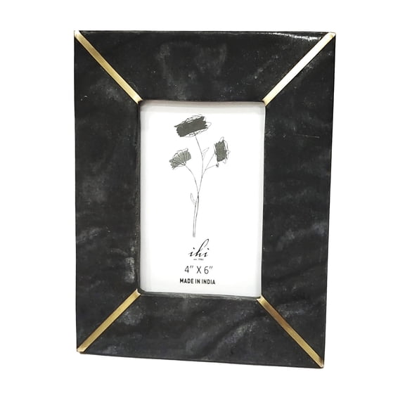 IHI est. 1986 Modern Tabletop Picture Frame Display Holds 4 x 6 Inch Photo Marble Black With Brass Inlay