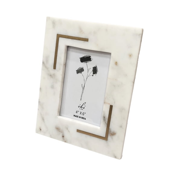 IHI est. 1986 Modern Tabletop Picture Frame Display Holds 4 x 6 Inch Photo Marble White With Brass Corner Inlay