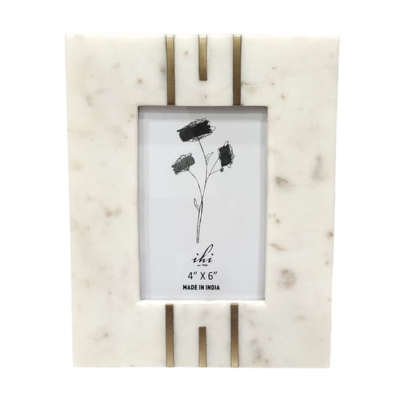 IHI est. 1986 Modern Tabletop Picture Frame Display Holds 4 x 6 Inch Photo Marble White With Striped Brass Inlay