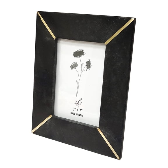 IHI est. 1986 Modern Tabletop Picture Frame Display Holds 5 x 7 Inch Photo Marble Black With Brass Inlay