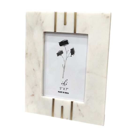 IHI est. 1986 Modern Tabletop Picture Frame Display Holds 5 x 7 Inch Photo Marble White With Striped Brass Inlay