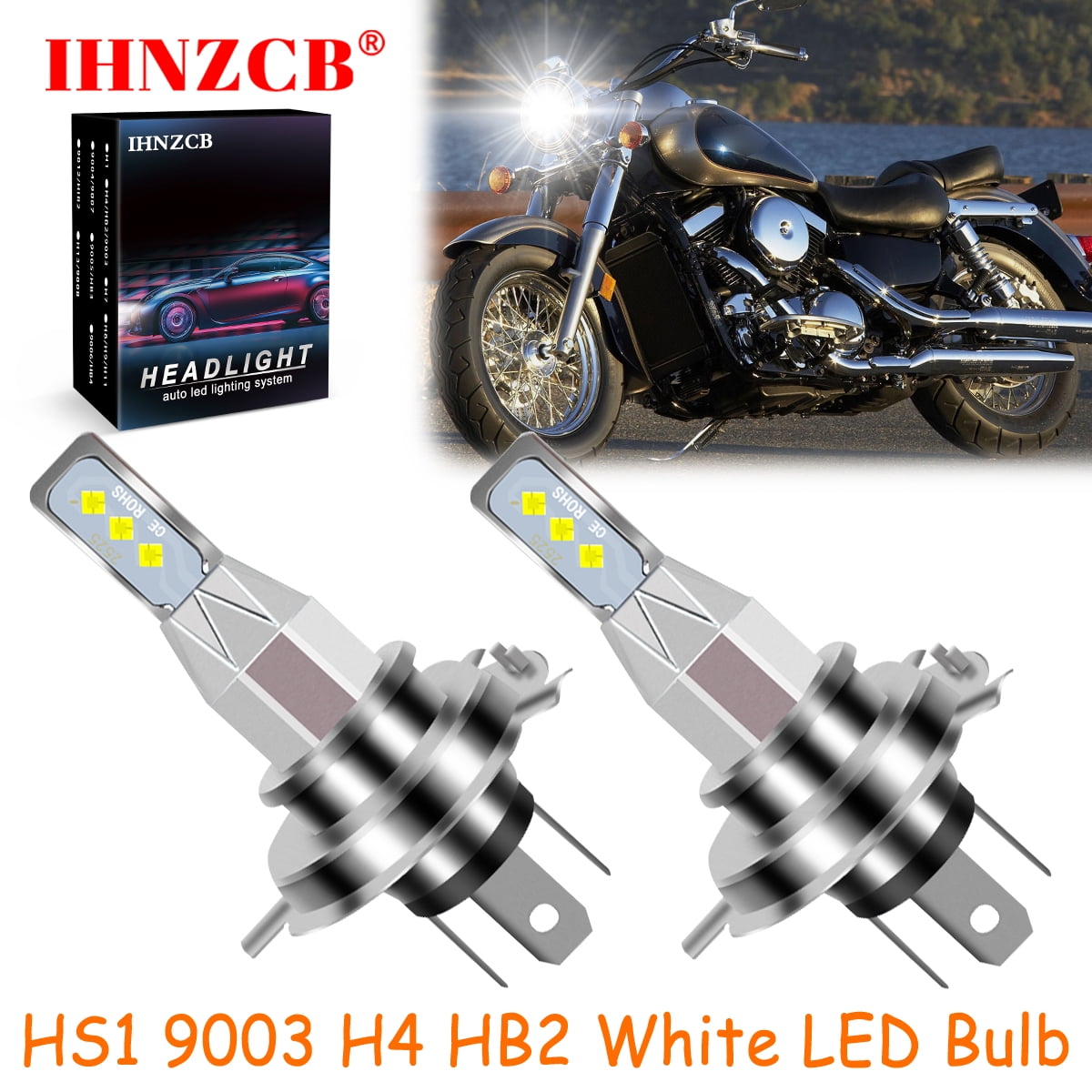 H4 LED Headlight Bulbs For Kawasaki Vulcan 900 (2006-2016) - Ultra White 6500K, High Power, Plug & Play
