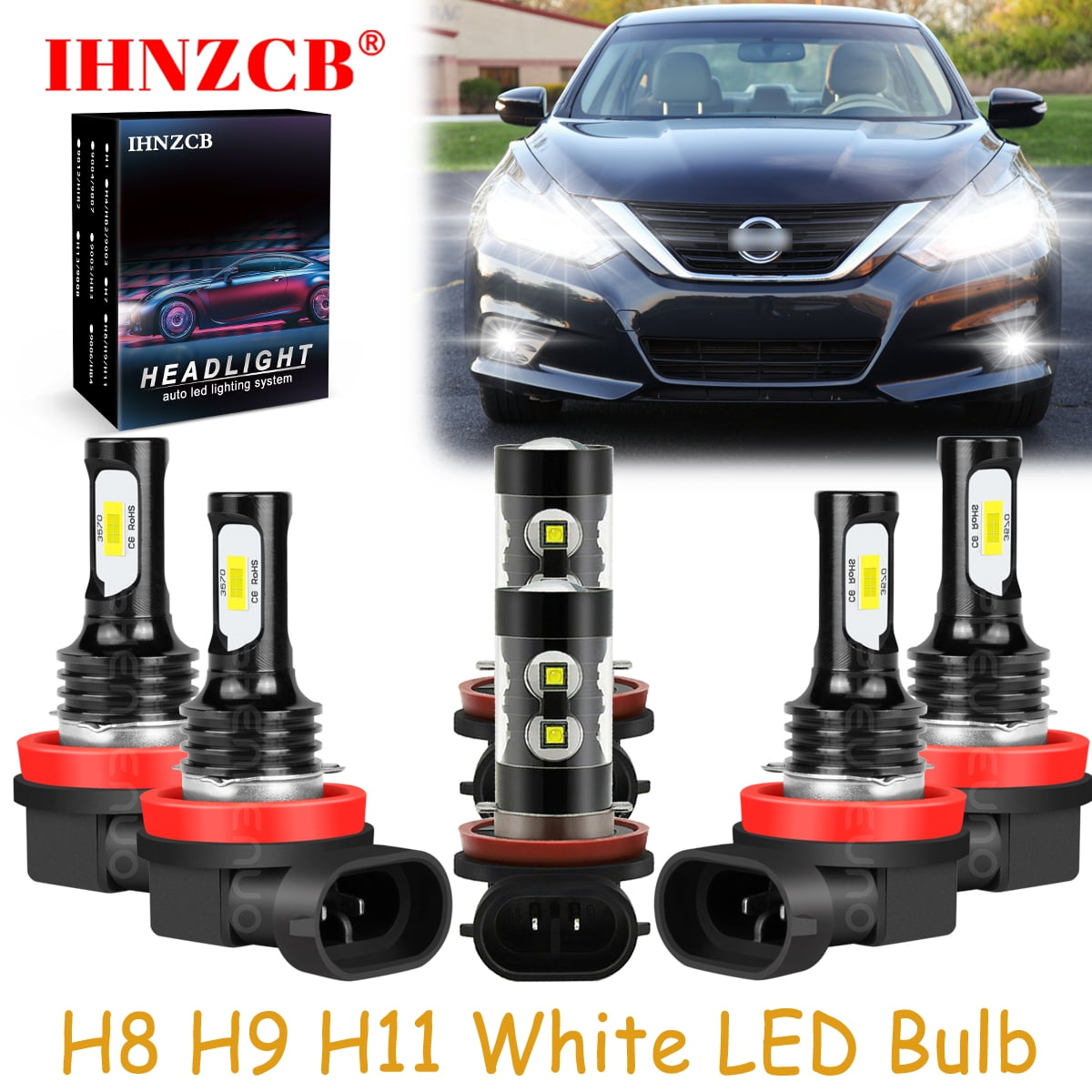 Combo LED Headlight And Fog Light Bulbs For Nissan Altima 2007-2018 – High/Low Beam + Fog, 6500K Cool White - View #3