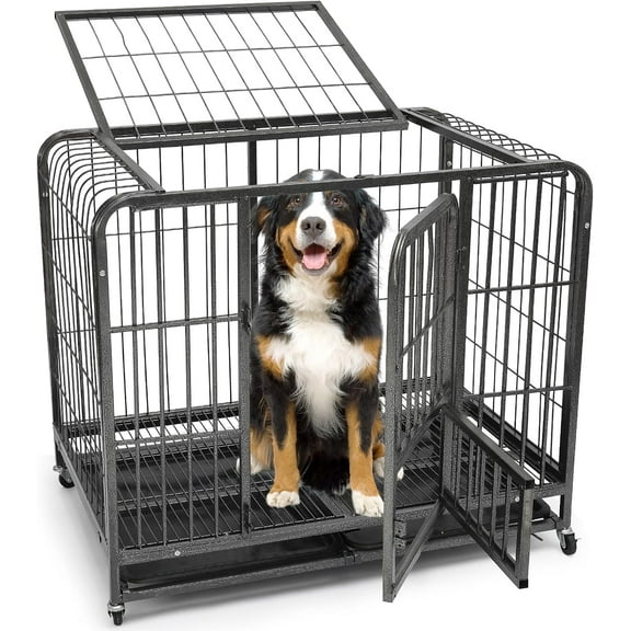IHOMEPARK 42 inch Heavy Duty Dog Crate with 2 Lockable Wheels for Medium Dogs Indoor, Double Door Dog Cage Kennel with Removable Cleaning Tray