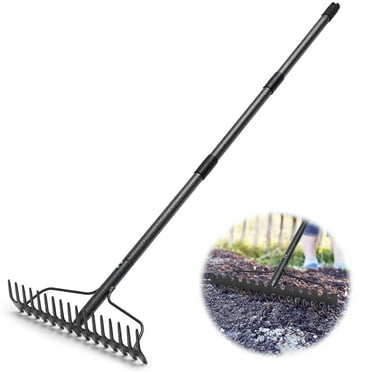 IHOMEPARK 6ft Garden Rake for Gathering Leaves Loosening Leveling Soil,  17 Tines Metal Rake  for Leaves with Adjustable Handle