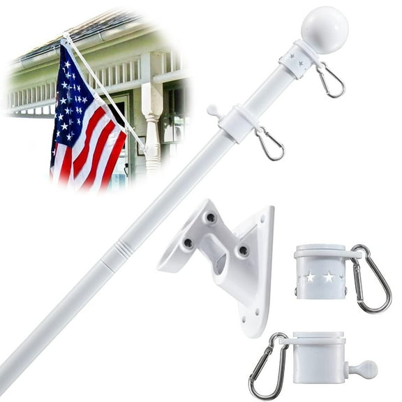 IHOMEPARK Flag Pole, 5 FT Garden Flag Pole for Outside House Yard with Flag Holder, 2 No-Tangle Rings Clips, Stainless Steel, White