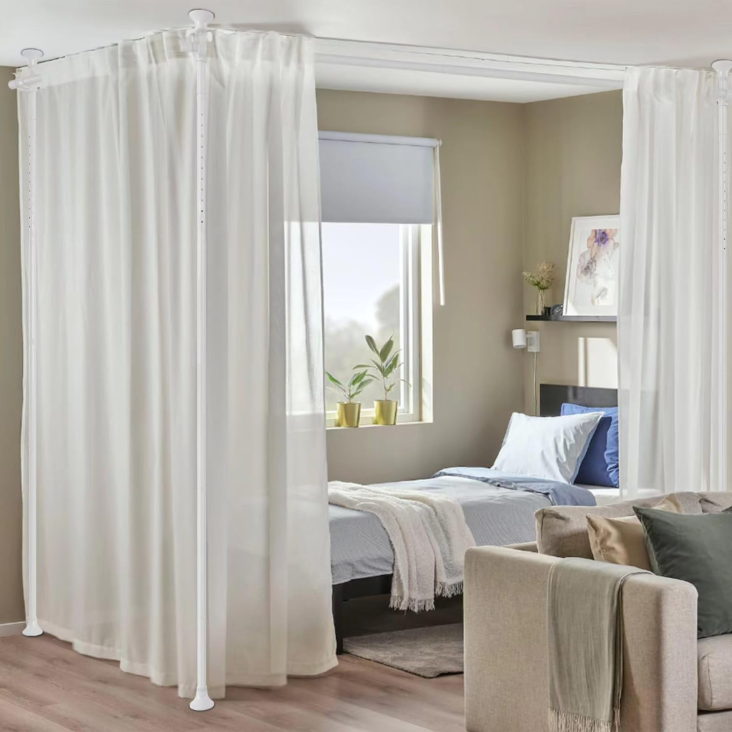 IHOMEPARK Room Divider Curtain Rod, No Drilling Rod, 48-120inch (H) 28-144inch(W) Adjustable Partition Hanging Room Dividers Floor to Ceiling Self Stand for Space Partition, White