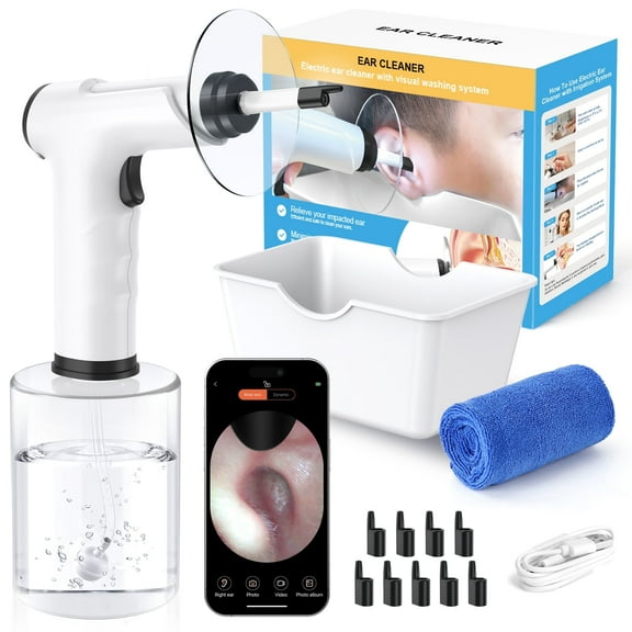 IHRAT Ear Wax Removal Kit, Electric Ear Cleaning Tool with 4 Pressure Modes, Safe Effective Powered Ear Cleaner, Ear Irrigation with Visual Flushing System with Camera for Adults -Black