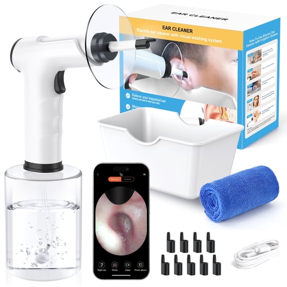 IHRAT Ear Wax Removal Kit, Electric Ear Cleaning Tool with 4 Pressure Modes, Safe Effective Powered Ear Cleaner, Ear Irrigation with Visual Flushing System with Camera for Adults -Black
