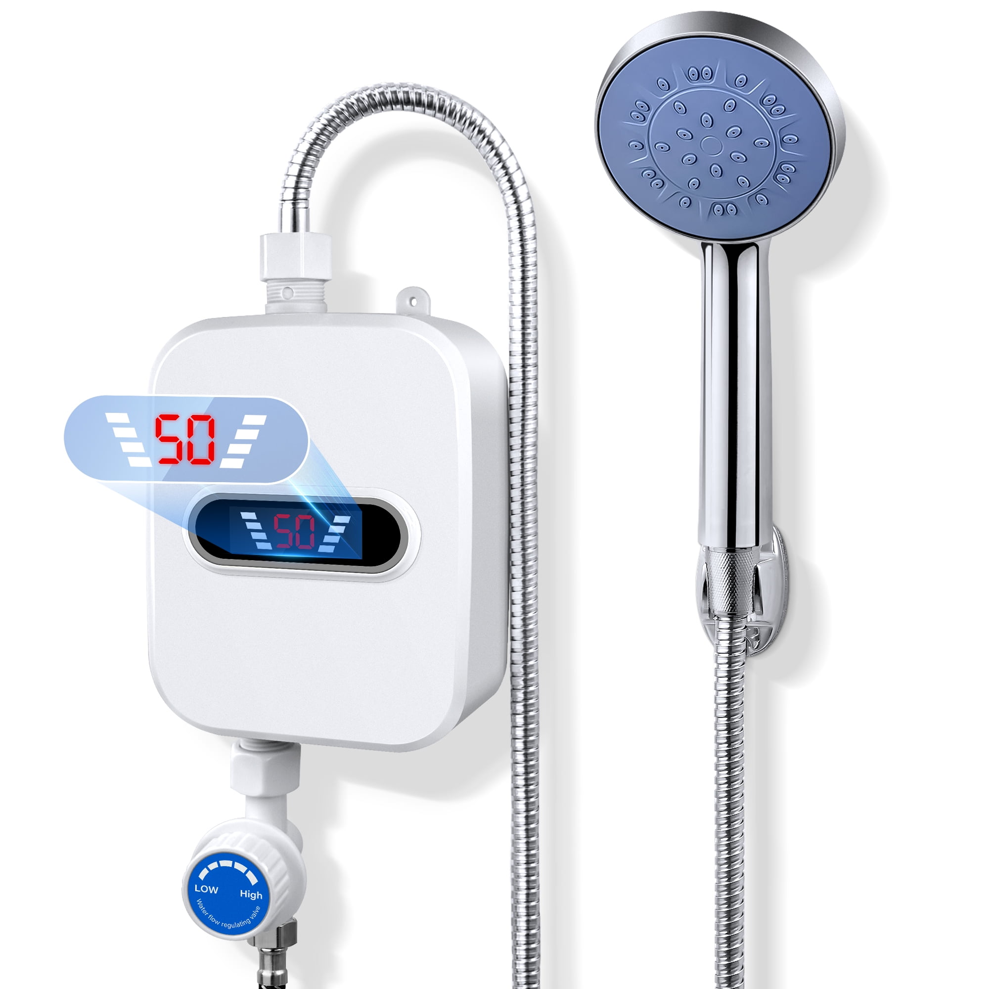 IHRAT Electric Tankless Water Heater with Shower Head Set, 3500W Instant Hot Water Heater with LCD Display for Home Bathroom - White