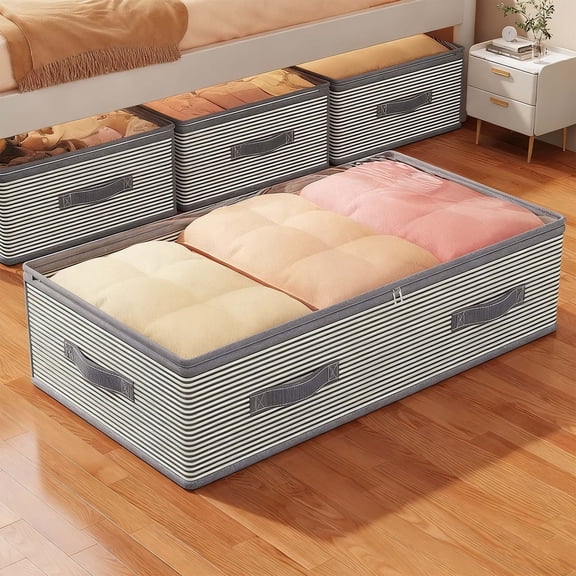 IHXORA 3 Count Non-Woven Fabric under Bed Storage Organizer Large Striped Moistureproof Foldable Box for Clothes Blankets Bedding Ideal for Kitchen RV Camping