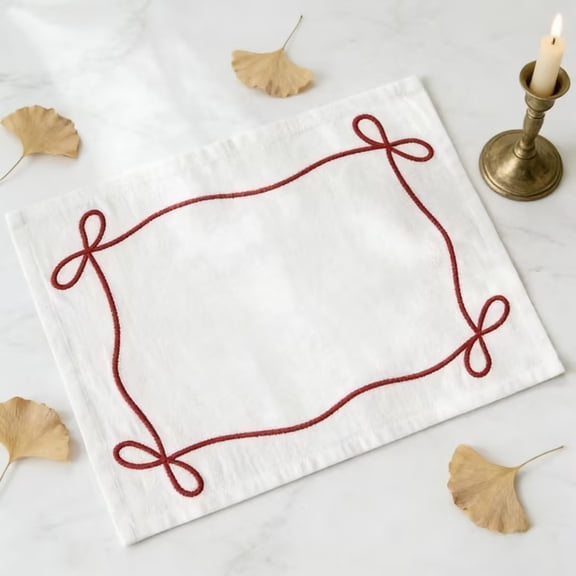 IHXORA 5 Count Red Linen Placemats with Three Dimensional Bow Embroidery for Minimalist or Vintage Aesthetics and Condensation Absorption