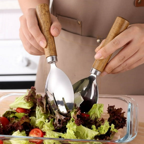 IHXORA Vintage Acacia Wood Salad Fork and Spoon, Salad Mixing Utensils, Natural Wooden Cutlery, for Kitchen Prep, Salad Tossing, Serving, Light Brown, 1 Pc