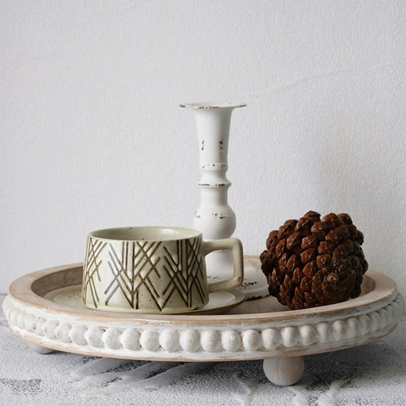 IHXORA round Decorative Tray, Wooden Riser and Organizer, Rustic Farmhouse Decor, for Bathroom Counter and Kitchen, Cafe or Restaurant Display, Retro Style, 1 Pc