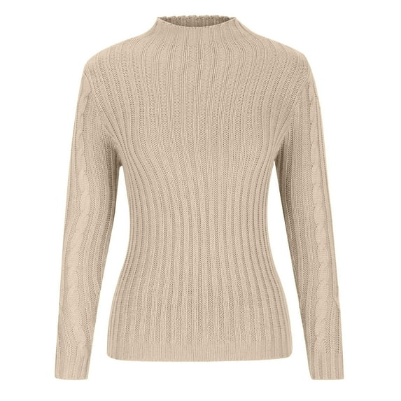 IHengLiXing Clearance! Sweaters for Women Plus Sizes 3X Open Front,Women's Long Sleeved Solid Color Top High Neck Slim Sweater High Neck Sweater - Beige XL