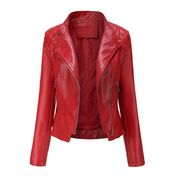IHengLiXing Long Sleeve Flannel Shirts Today Prime Versatile Women's Solid Color Short Leather Jacket with Zipper Red XXL