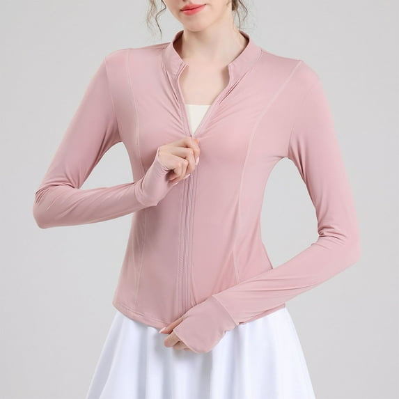 IHengLiXing Women's Winter Jackets in Women Clothing Sporty Women's Autumn-Winter Casual Solid Color Long Sleeve Zippered Collar-High Slim Fit Sports Top Pink XL