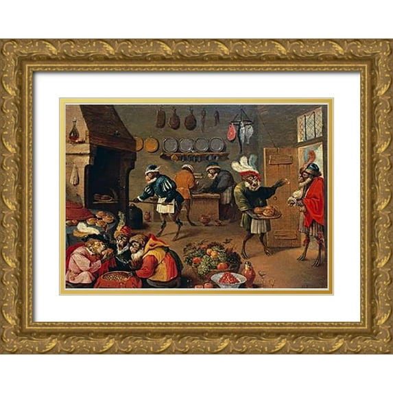 II, David 18x14 Gold Ornate Wood Framed with Double Matting Museum Art Print Titled - Les Singes Cuisiniers. The Monkeys Cooks