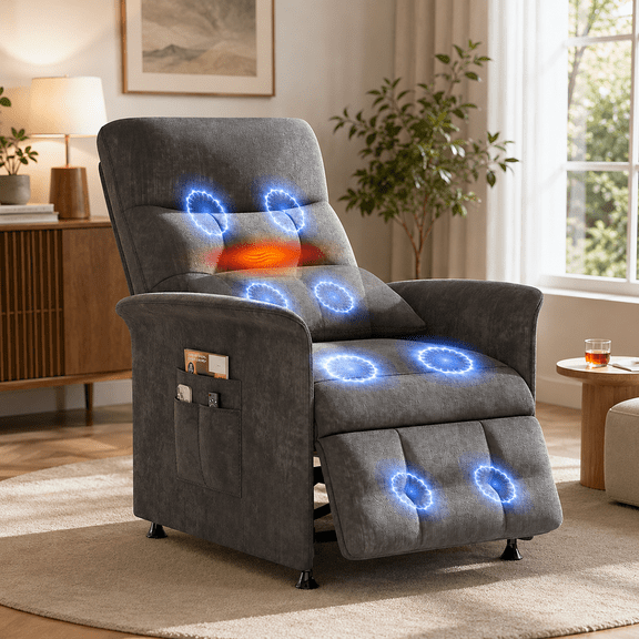 IINNOVZBOM Power Recliner Chair for Adults with Heated & Massage, Lazy Boy Electric Reclining Chair Sofa, Adjustable Single Sofa with Side Pockets for Home Theater Seating, Soft Fabric, Dark Grey