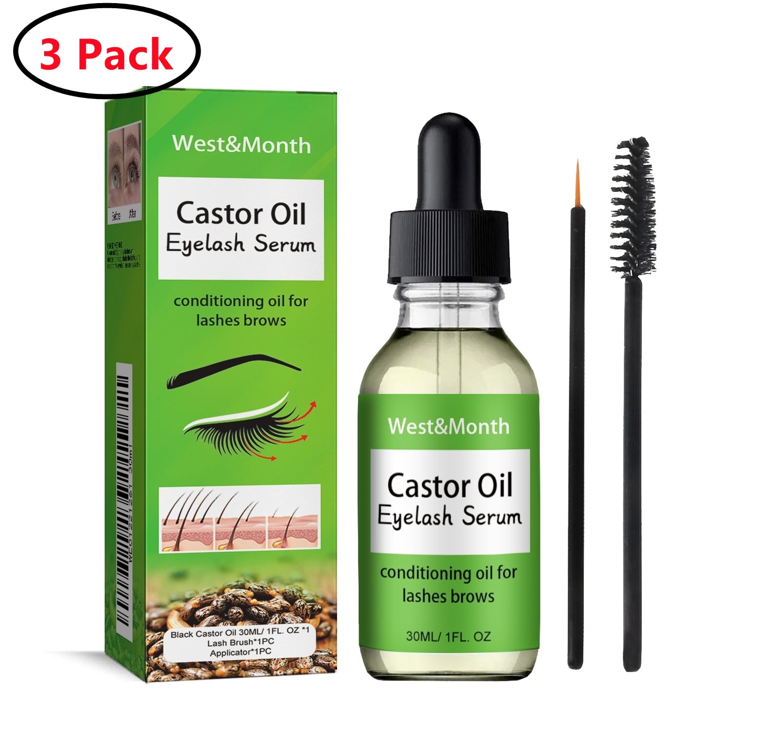 IIRich 3 Pack Organic Castor Oil Eyelash Serum for Lashes & Brows, 100