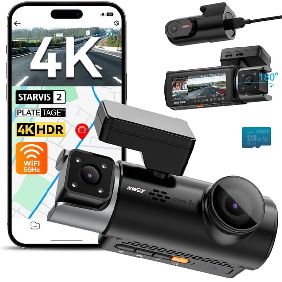 IIWEY 4K Dash Cam 3 Channel, Triple STARVIS 2 Sensors (IMX678 Front, IMX675 Cabin & Rear), 4K+2K+1080P HDR, Night Vision 3.0, PlateTag AI for Plate Clarity, 5GHz WiFi, GPS, Parking Mode, 128GB Card I