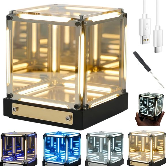 IInfinite Space Abyss Lamp, 4D Infinity Mirror Cube Light, Rechargeable LED Hyper Cube Night Light (Warm)