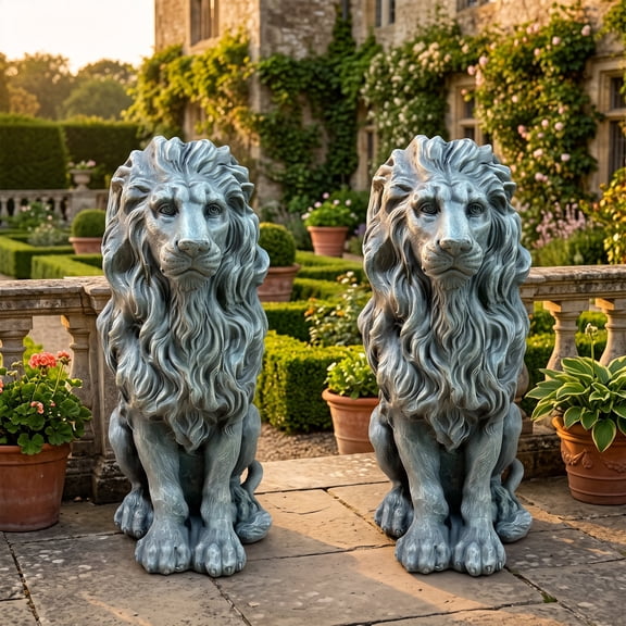 IJDD Sitting Lion Garden Statue, Magnesium Oxide Lion Sculpture for Yard Patio Decor