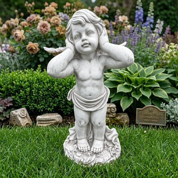 IJDD Winged Angel Covering Ears Garden Statue, Resin Religious Sculpture