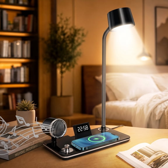 LED Desk Lamp, 15W Wireless Charging Table Lamp & Bluetooth Speaker Alarm Clock for Home Office Dorm Room